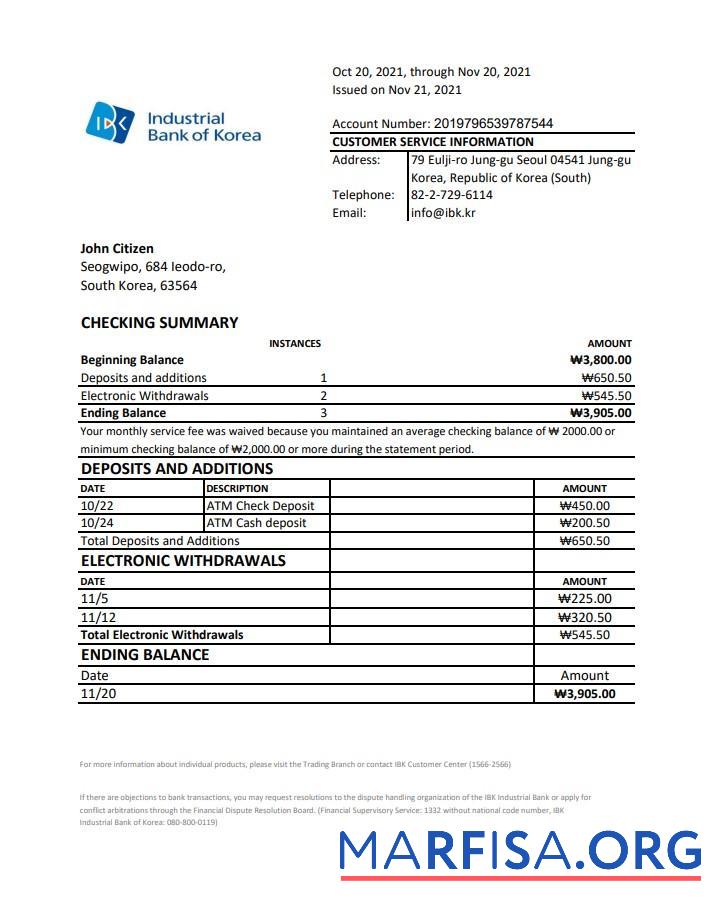 Realistic South Korea Industrial bank statement excel sample